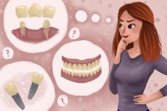 Cartoon woman with thought bubbles trying to decide between dental implants and dentures.