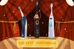 Cartoon with three different electric toothbrushes on a stage.