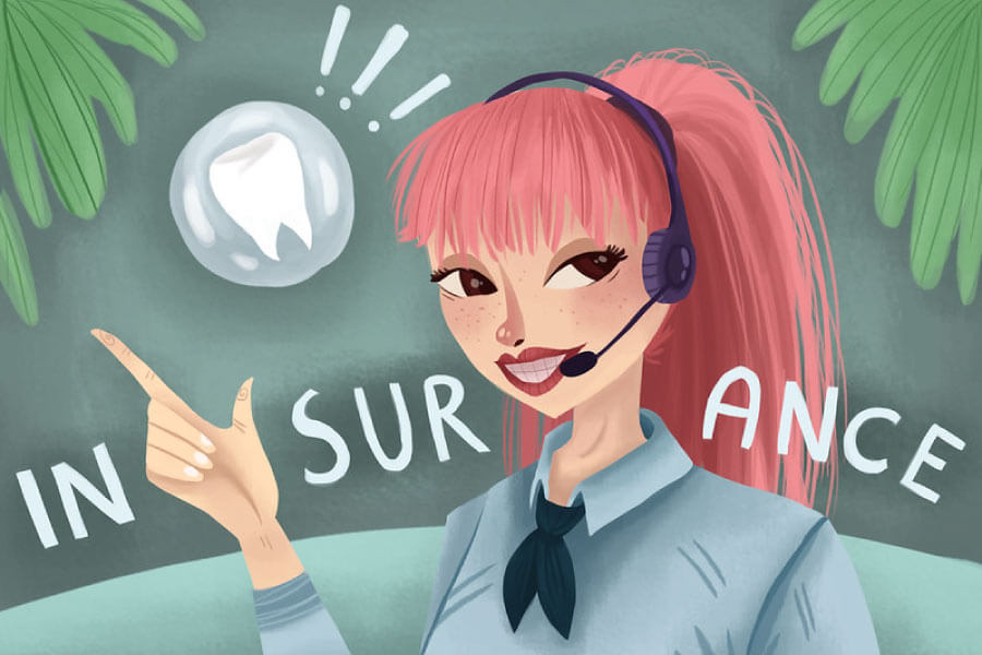 Cartoon of female office staff with headphones talking about dental insurance.