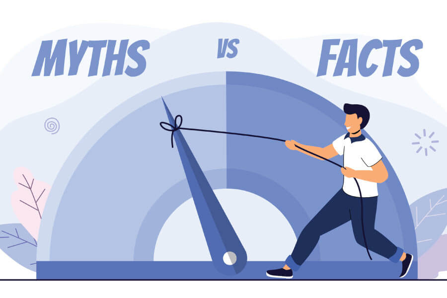 myth vs. fact illustration with a man pulling the needle towards fact